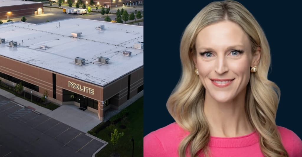 Aerial view of the NxLite AIM Center alongside a portrait of board member Erin Sawyer