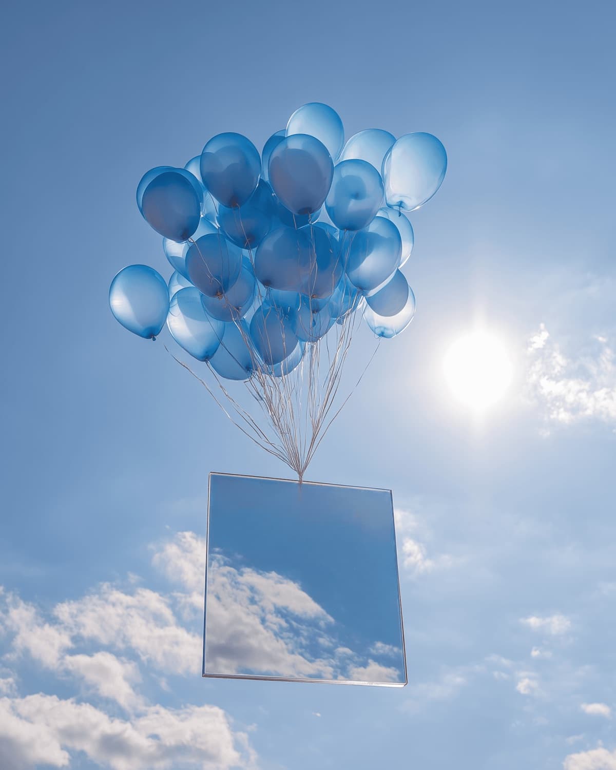 A coated lightweight panel carried aloft by a cluster of balloons against a blue sky