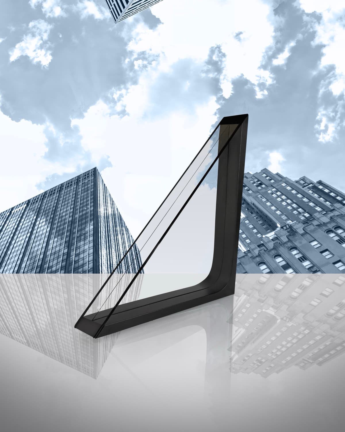 Corner cutaway of an insulating glass unit against a skyline of high-rise buildings